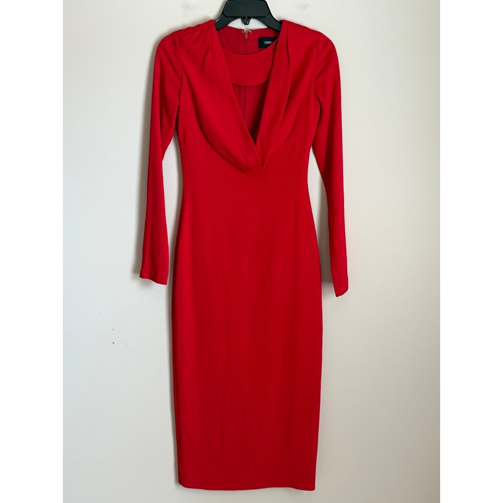 Cushnie Et Ochs Midi Dress Womens 2 Red Draped Cutout Neckline Sheath - Picture 2 of 11